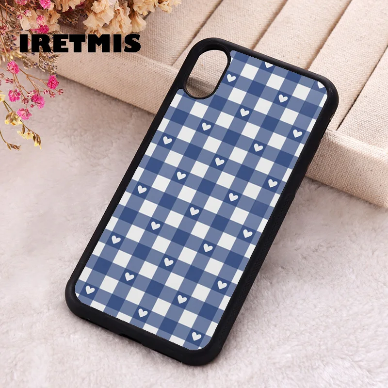 Iretmis Phone Cover Case For iPhone X XS Max XR 11 12 13 PRO MINI 14 15 16 Plus Silicone Rubber Blue Picnic Hearts Gingham