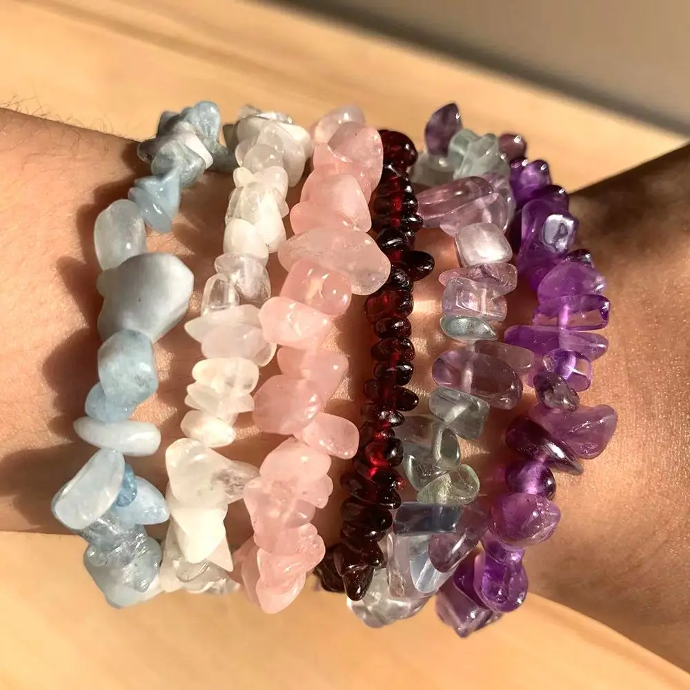 Natural Crystal Crushed Stone Bracelet Amethyst Aquamarine Irregular Stretch Chip Beads Stretch Bracelets Jewelry for Women