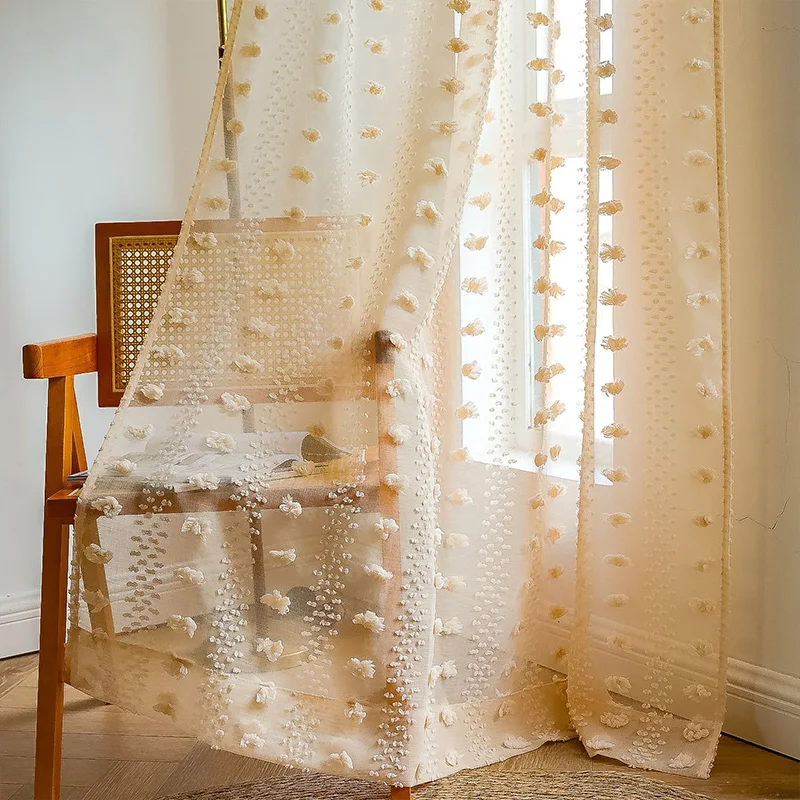 Tufted Ball Floral Embroidered Sheer Curtains Boho Style Voile Drapes Moroccan Living Room Bedroom Transparent Tulle Curtain