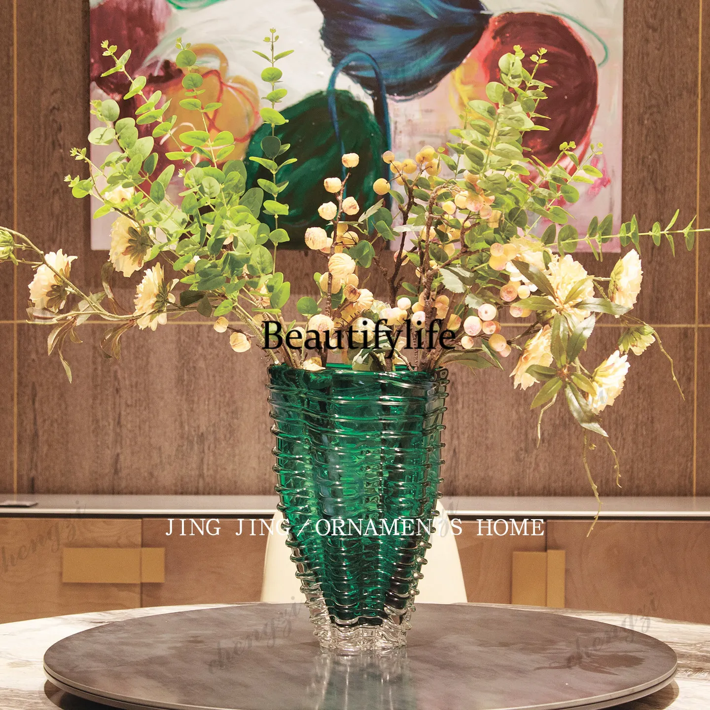 Modern light luxury green large-diameter glass vase combination ornament, entrance cabinet desk vase