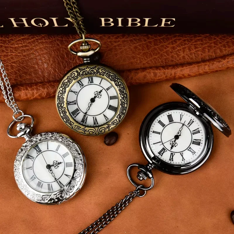 Large pocket watch transparent glass lace quartz watch flip Roman scale pocket watch necklace watch