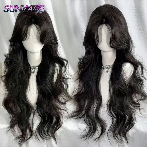 SUNYAGE 로리타 블랙 가발 여성용 긴 물결 모양의 머리카락 75cm 곱슬 가발 (Bangs 포함) 코스프레 머리띠 가발 매일 사용을위한 합성 가발
