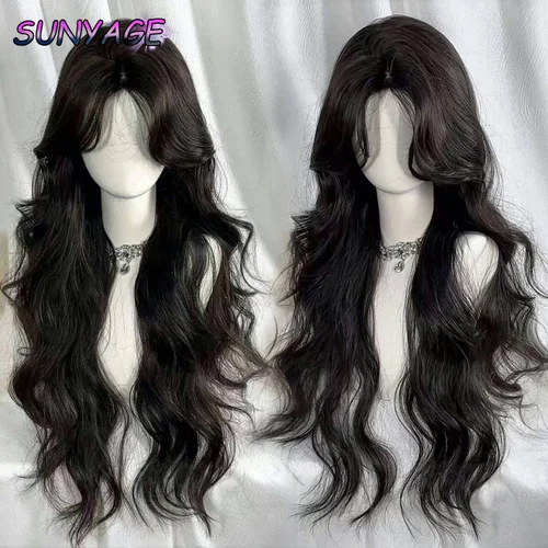 SUNYAGE-peluca negra de Lolita para mujer, pelo largo ondulado, peluca rizada de 75cm con flequillo, diadema para Cosplay, pelucas sintéticas para uso diario