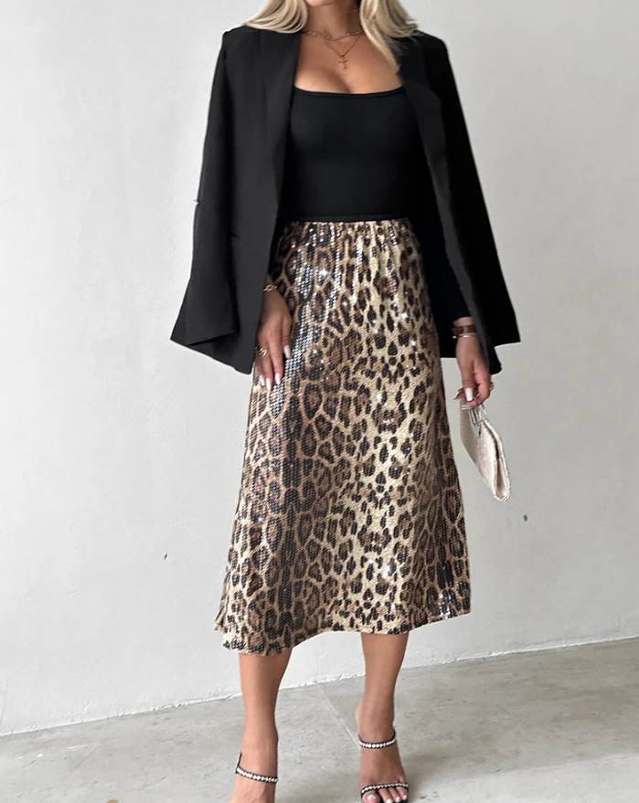 Women's Urban Commuting Style Dress 2024 Autumn Winter Latest Fashion Leopard Pattern Allover Sequin Skirt High Waisted Skirt