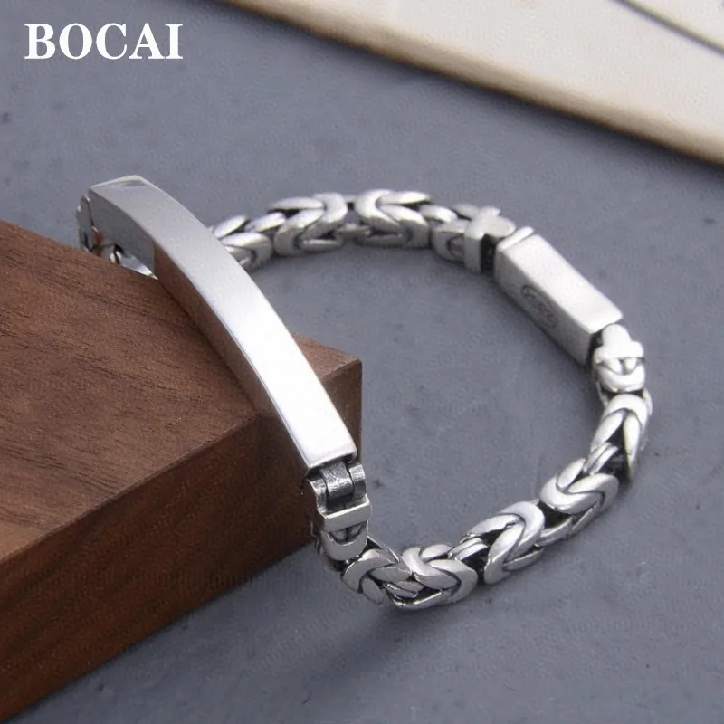 BOCAI-Retro Six-Character Mantra Liso Quadrado Woven Pattern Pulseira, Acessórios de Jóias para Homens e Mulheres, Real S925 Prata, Novo