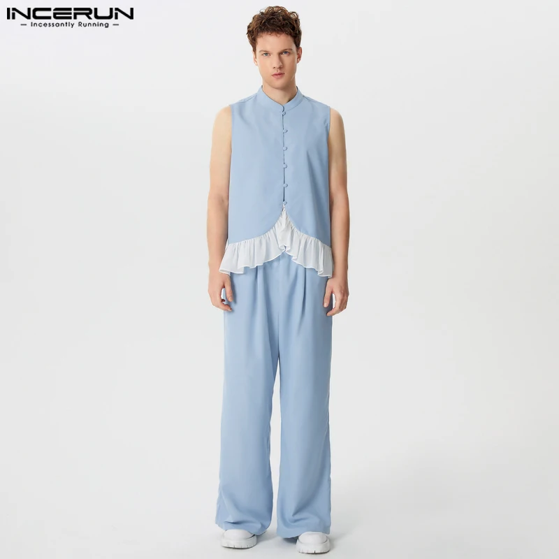 INCERUN Men Sets Ruffle Patchwork Stand Collar Sleeveless Vests & Wide Leg Pants 2PCS Streetwear 2024 Fashion Men\'s Casual Suits