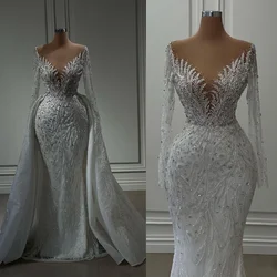 Customized  Shinny Crystals Beads Wedding Dress With Detachable Train Illusion Long Sleeves Luxury Robe De Mariée Bridal Gowns