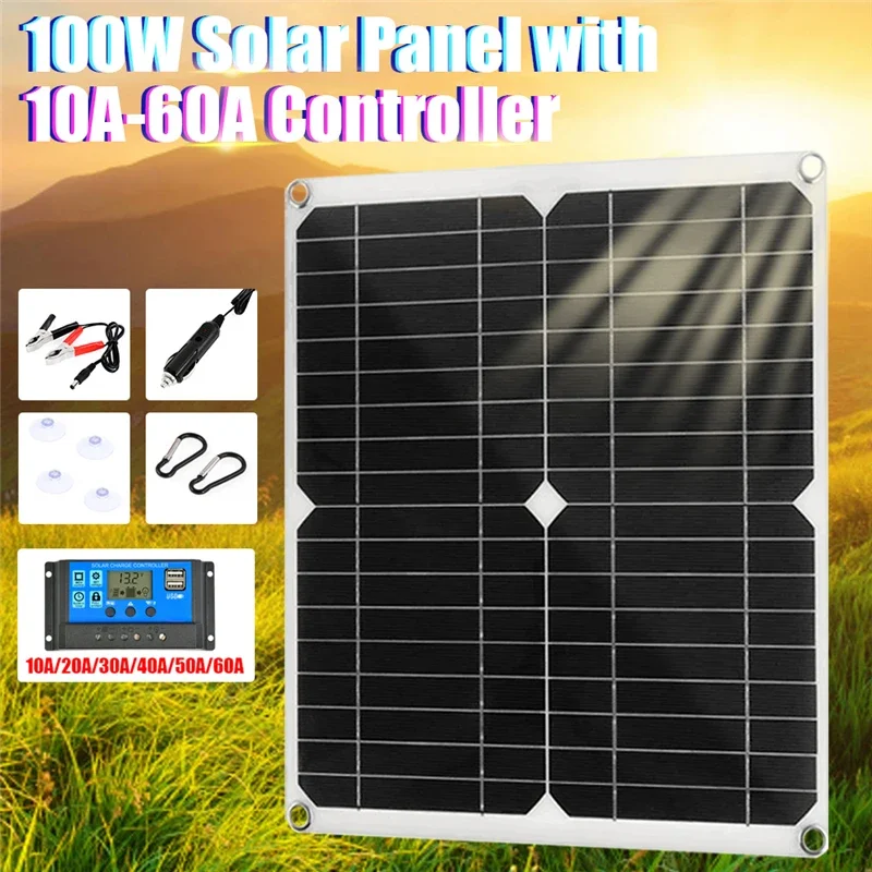 100W Solar Panel mit 10/20/30/40/50/60A Solar Controller Kit Komplette notfall Power Versorgung Generator für Telefon Im Freien