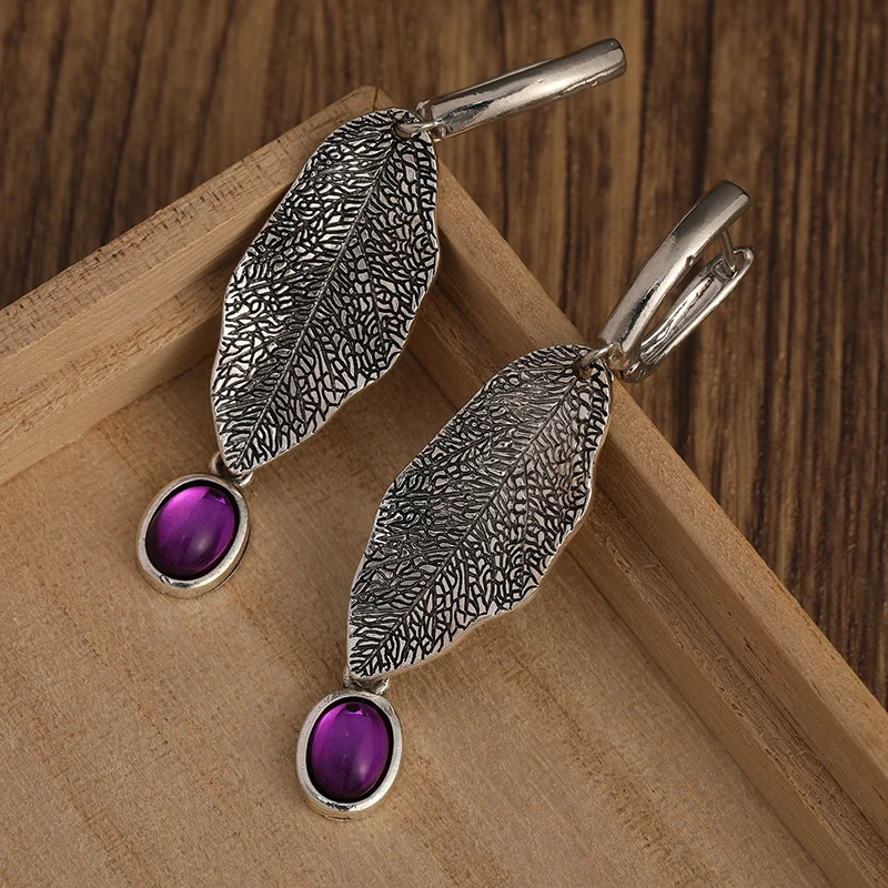 Wholesale Amethyst Drop Earrings for Women Vintage Ethnic Style Ear Jewelry 925 Silver Needle Earrings Gift