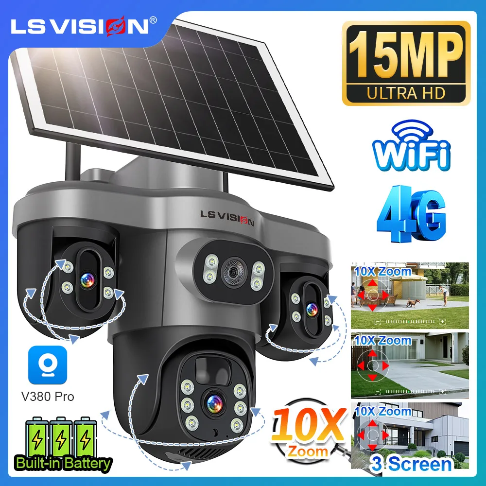 

LS VISION 15MP Three PTZ Lens Three Screen 4G Solar Camera Outdoor WiFi 10X Digital Zoom Auto Tracking Security Cameras V380 Pro