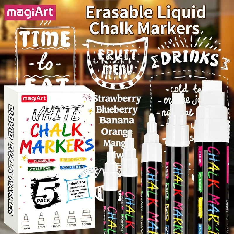 5Pcs/Set White Erasable Liquid Chalk Markers for Chalkboard Wet Erase Pens for Glass Windows LED Boards Easy Clean Set