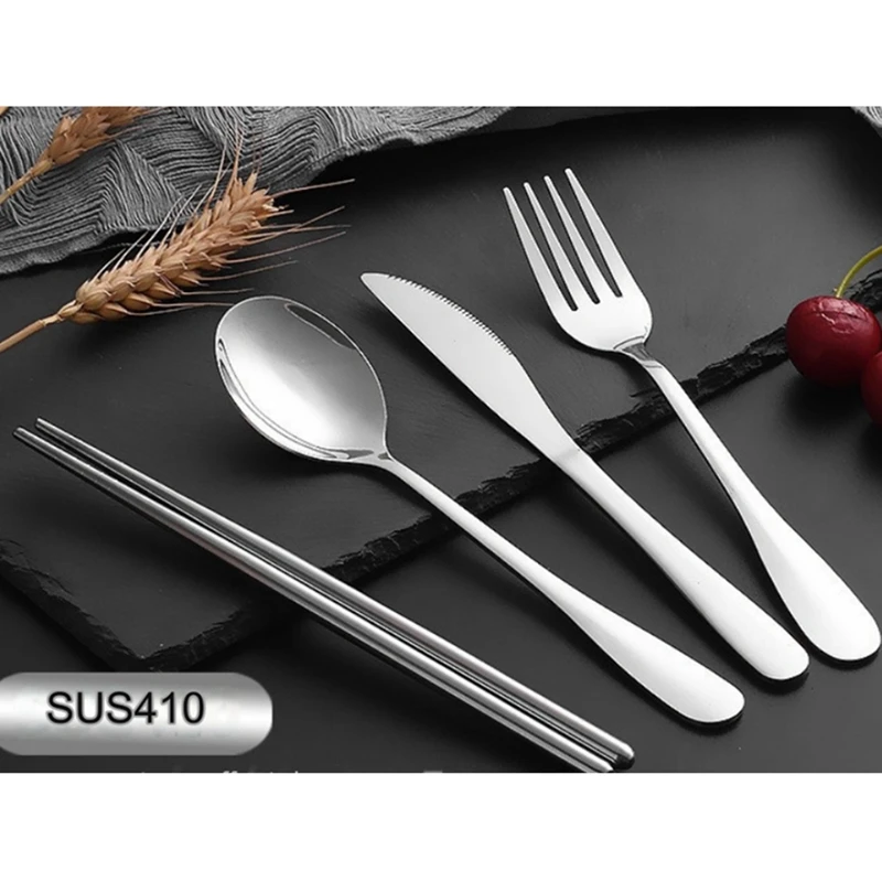 4Pcs Set Dinnerware Portable Stainless Steel Spoon Fork Steak Knife Set Travel Cutlery Tableware with Bag Light Blue