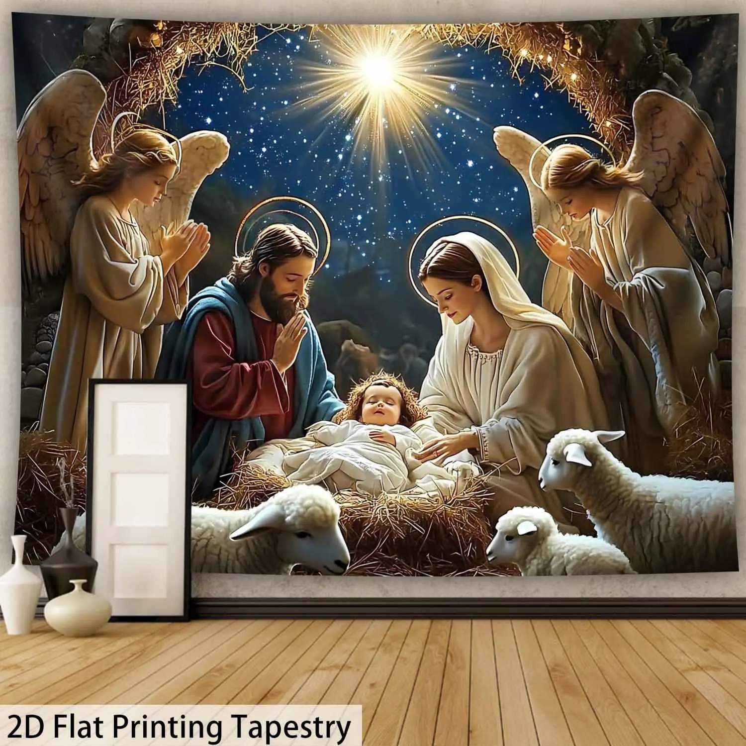 Nativity Scene Tapestry, Baby Jesus with Mary and Joseph in Stable, Religious Wall Hanging for Living Room Bedroom