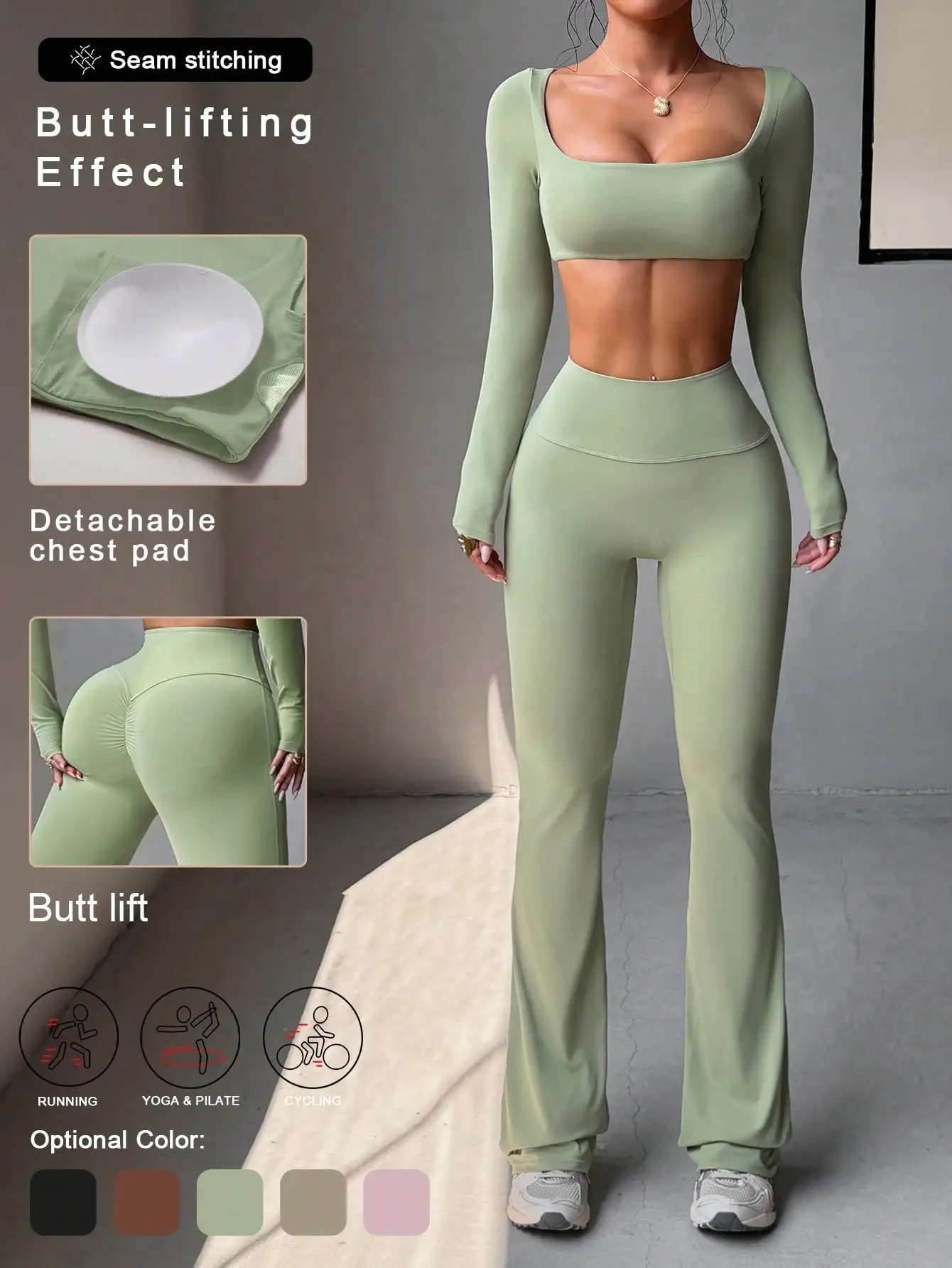 

Женский спортивный комплект из двух предметов с длинными рукавами и эффектом подтяжки ягодиц, со съемными вставками для груди, для йоги, бега, велоспорта