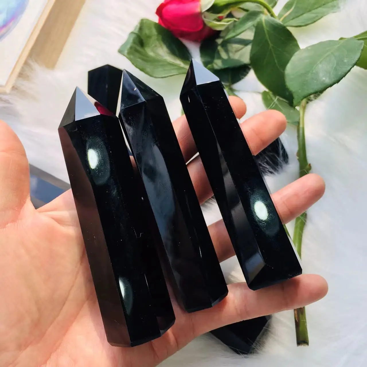 

20pcs 70-90mm Natural Rock Obsidian Hexagonal Column Crystal Point Mineral Ornament Healing Wand Home Decor DIY Gift Decoration