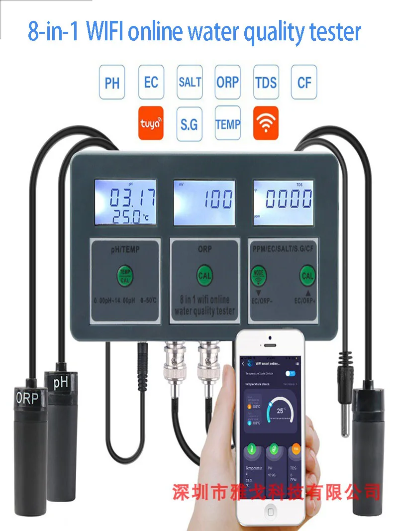 

Tuya WiFi 8in1 Water Quality Tester S.G/PH/EC/ORP/TDS/CF/SALT/TEMP Measuring Analyzer DIY Water Quality Detector Water Monitor