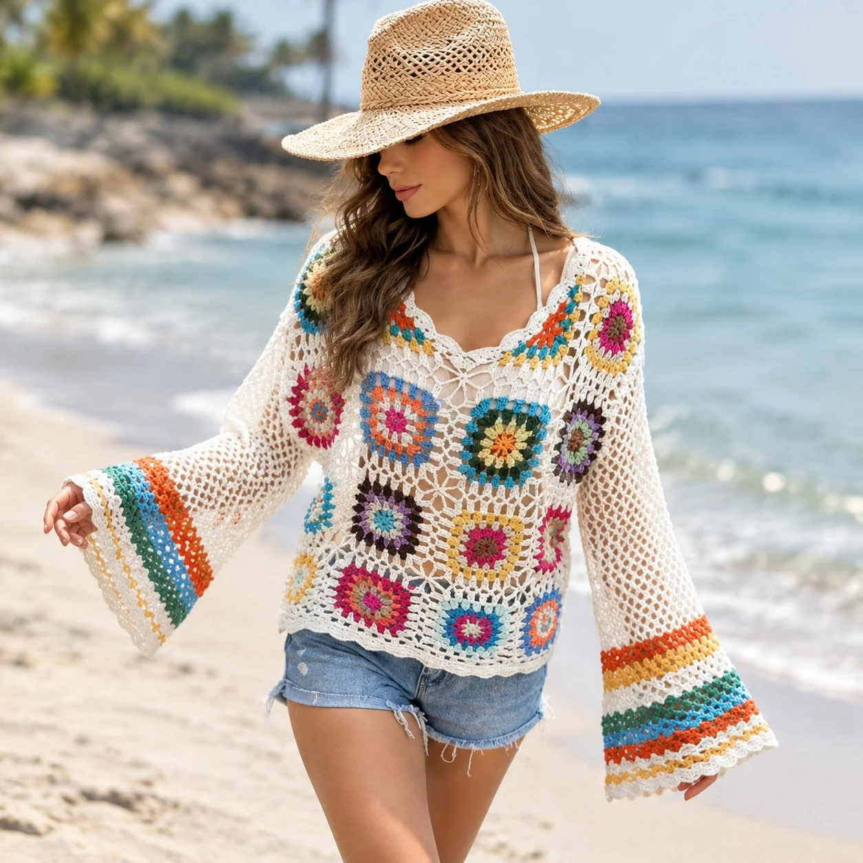 Openwork Hollow Out Top Layered Artistic Style with Lightweight Loose Fit Hand Finished Bell Sleeve Wave Neckline Women Swimsuit
