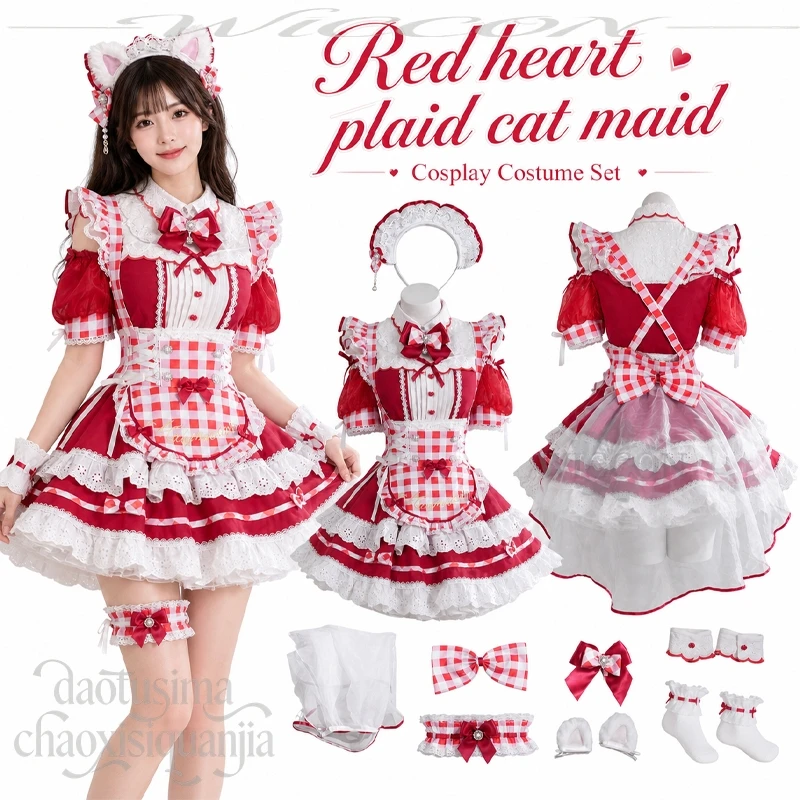 Red Heart Plaid Cat Maid Cosplay Anime Japanese Jirai Kei Gyaru Decora Styles Fashion Kawaii Dress Cute Lovely Sweet Lolita Cos - view 2