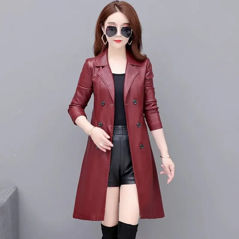 2024 Autumn Winter Chic Leather Jacket Women\'s Overcoat High-End Fashion Mid-Length Slim Korean Sheepskin Windbreakers Coat Tops