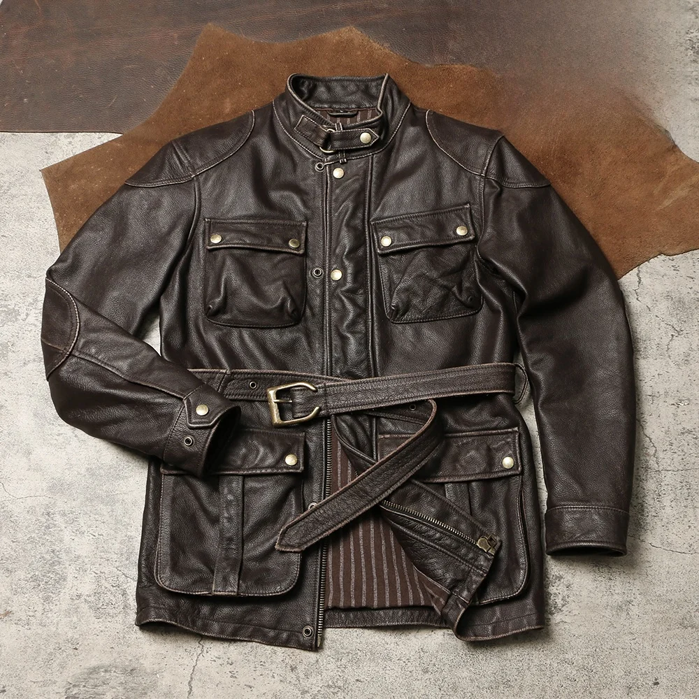 

Retro Briti M65 Hunting Leather Jaet Mid-Length RL Weathered Leather Motorcycle Windbreaker with Multiple kets
