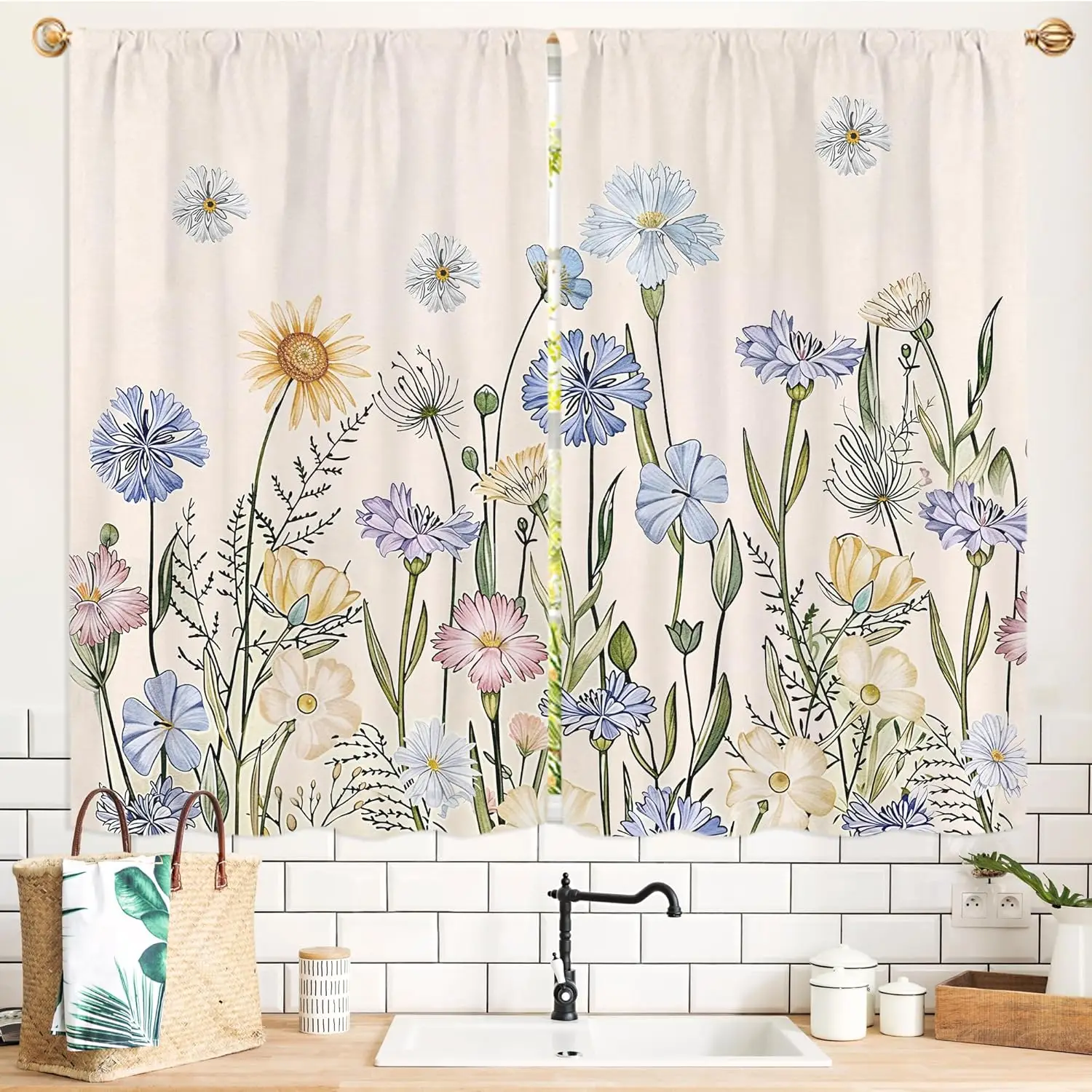 Blue Floral Kitchen Curtains 2 Panel Rod Pocket Vintage Flower Wildflower Farmhouse Retro Small Short Cafe Tier Window Treatment