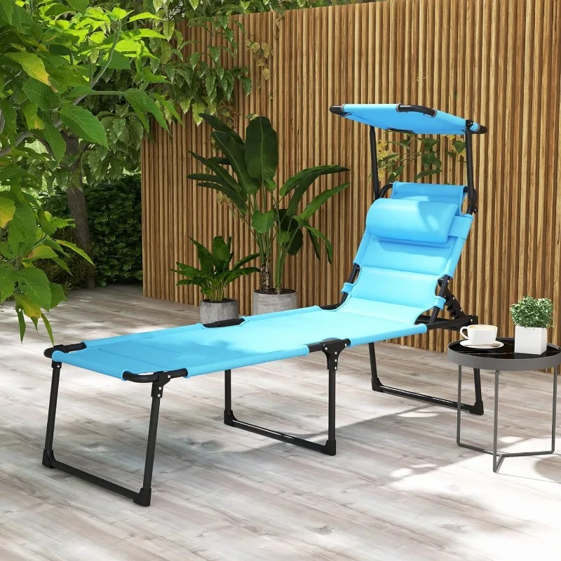 Outdoor Lounge Chair, Adjustable Backrest Folding Chaise Lounge, Cushioned Tanning Chair for Beach, Camping, Hiking, Light Blue