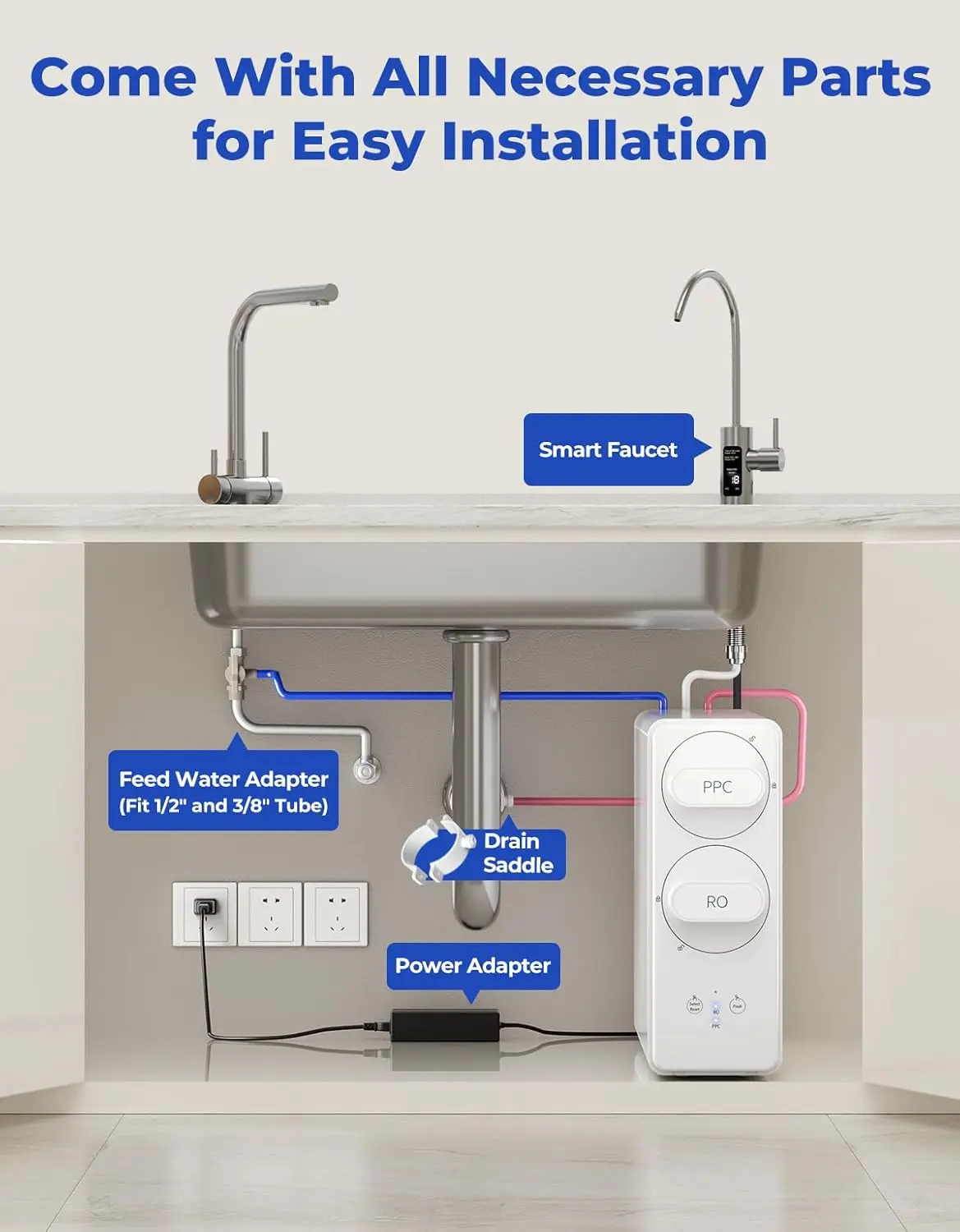 ระบบ Reverse Osmosis พร้อม Smart Faucet การลด TDS ที่ผ่านการรับรอง NSF, เครื่องกรองน้ํา Reverse Osmosis ไร้ถัง 7 ขั้นตอน