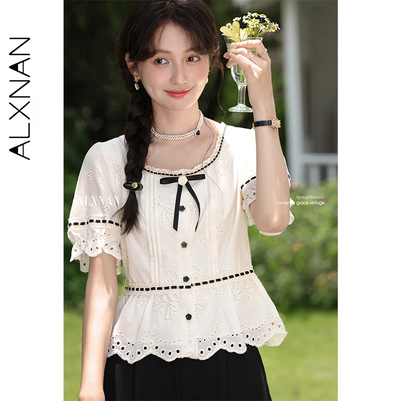 ALXNAN Damen-Hemd, weißer Spitzenkragen, Spitze, hohles Design, Hemden, 2025, Sommer, lässig, lockere Passform, Kurzarm-Tops, Damen, L56238
