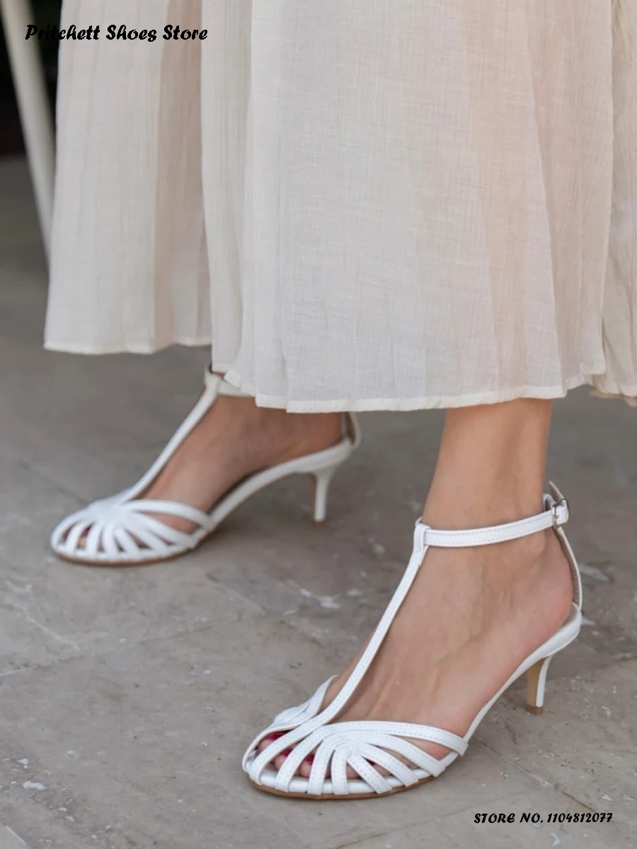 Women's Metallic T-strap Mid Heel Sandals Elegant Round Caged-toe Thin Heels Shoes Spring Summer Buckle Strap Office Footwear