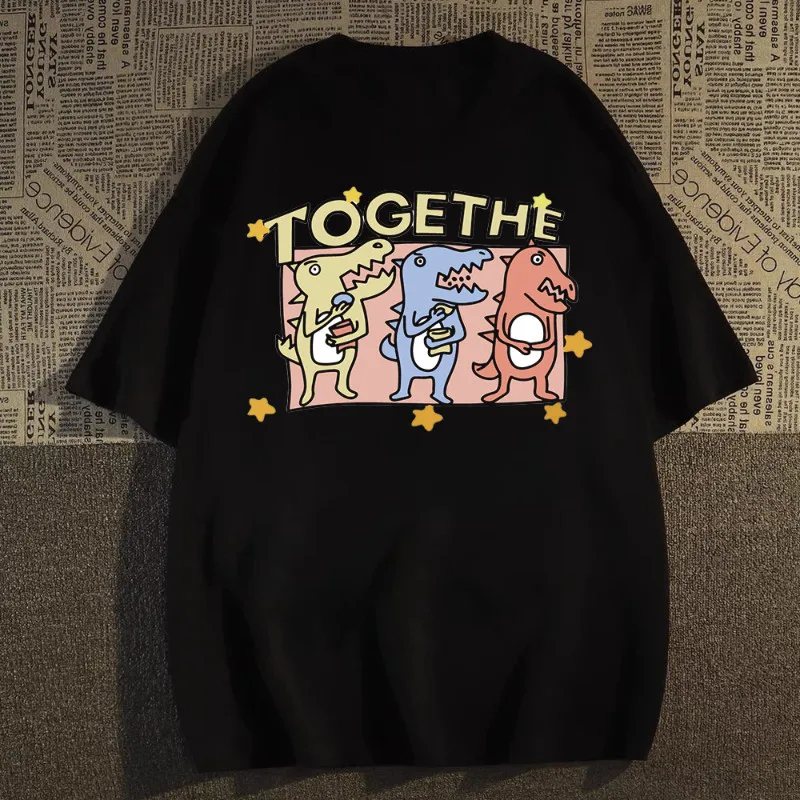 Camiseta holgada de manga corta con estampado de dibujos animados para hombre y mujer de Corea del Sur, Top informal multifuncional con cuello redondo, Top de verano