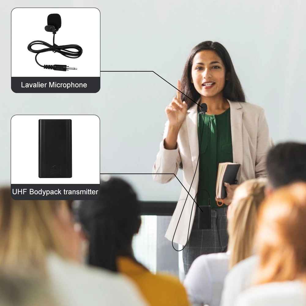 ميكروفون UHF لاسلكي ذو 4 قنوات UHF Bodypack ميكروفون لاسلكي مزدوج مزود بنظام ميكروفون مع 2 طية صدر/مرحاض للتحدث في الفصول الدراسية