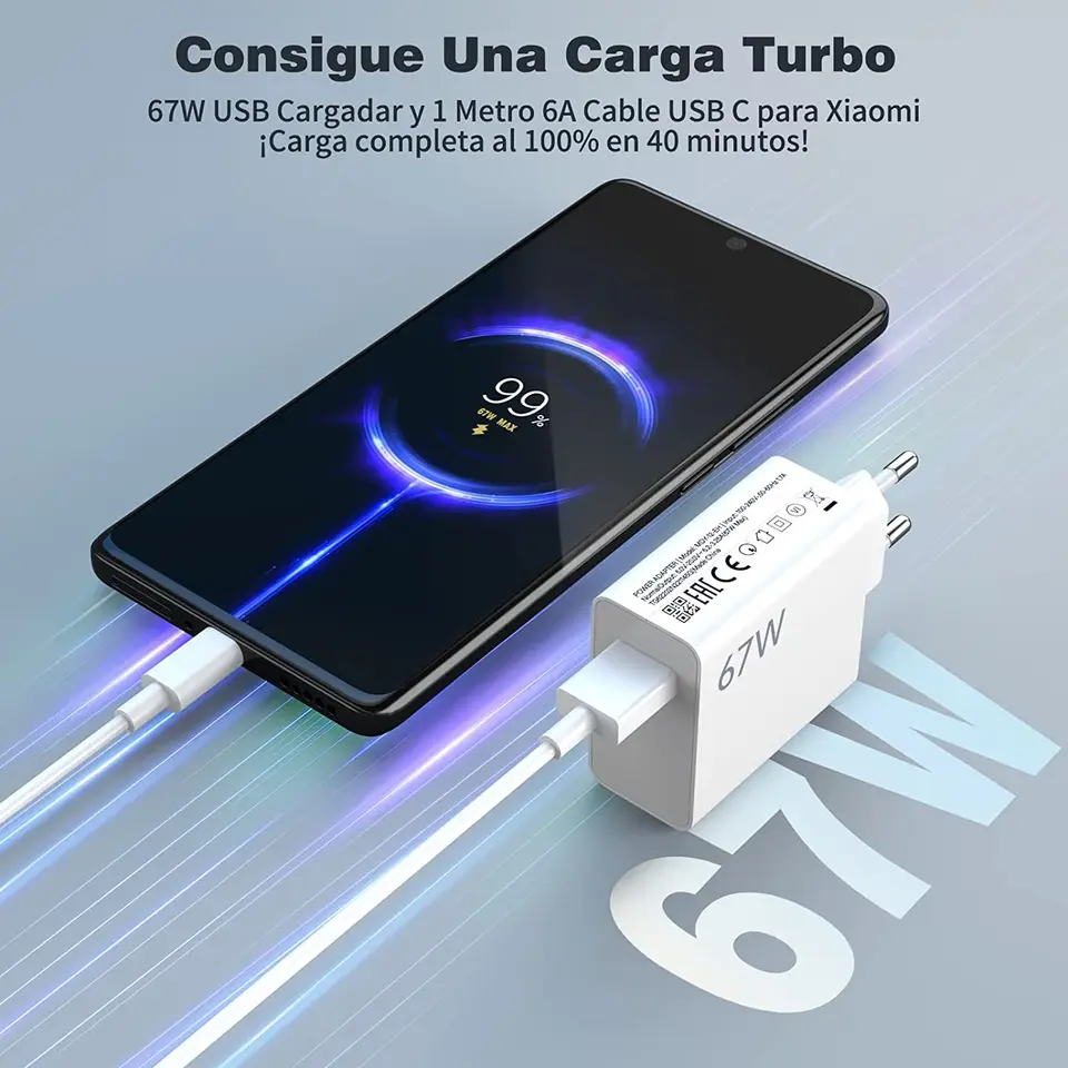Cargador rápido especial de 67W para Xiaomi 14t, 13t, 13lite, 12, 12s Ultra, 12x, 11t, Redmi Note 12pro/11pro 5