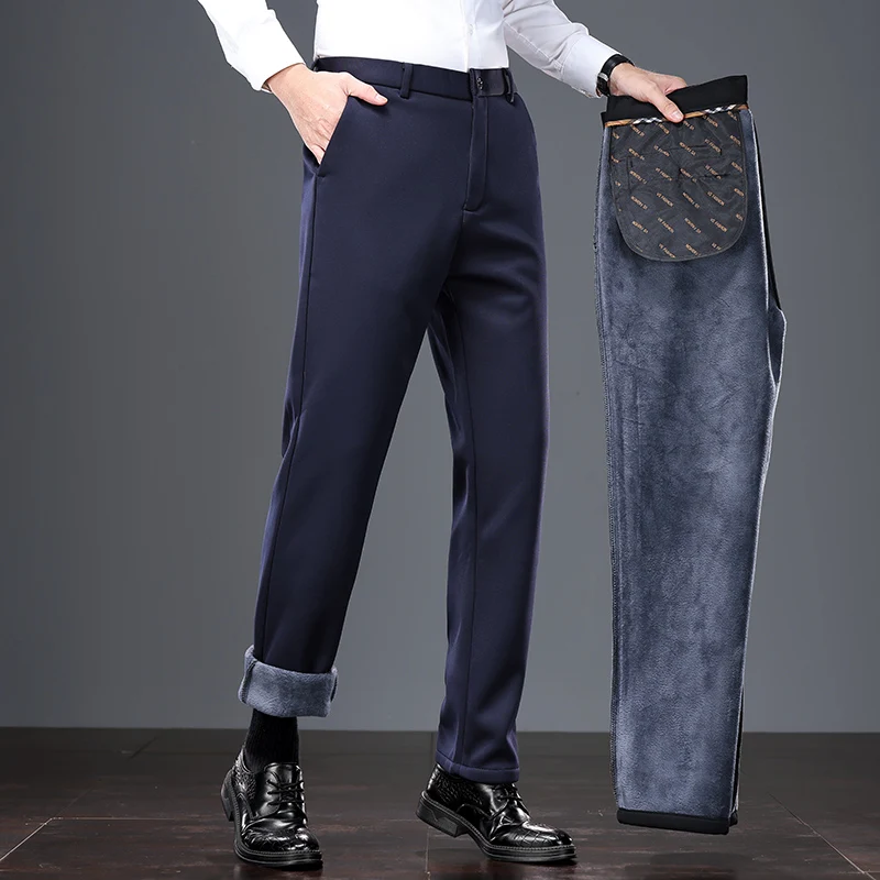 

Mens Business Casual Pants Fleece Lined Trousers Straight Leg Stretch Fit Winter Office Dress Pants Navy Blue Comfort
