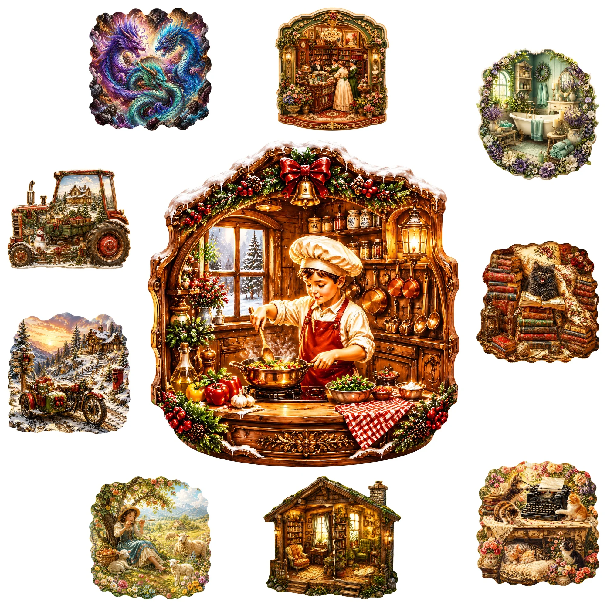 Chef Cottage Flat Wooden Puzzle Gift Toy Animal Jigsaw Puzzle Tabletop Puzzle Game Present for Christmas Prsent for Kids Teens