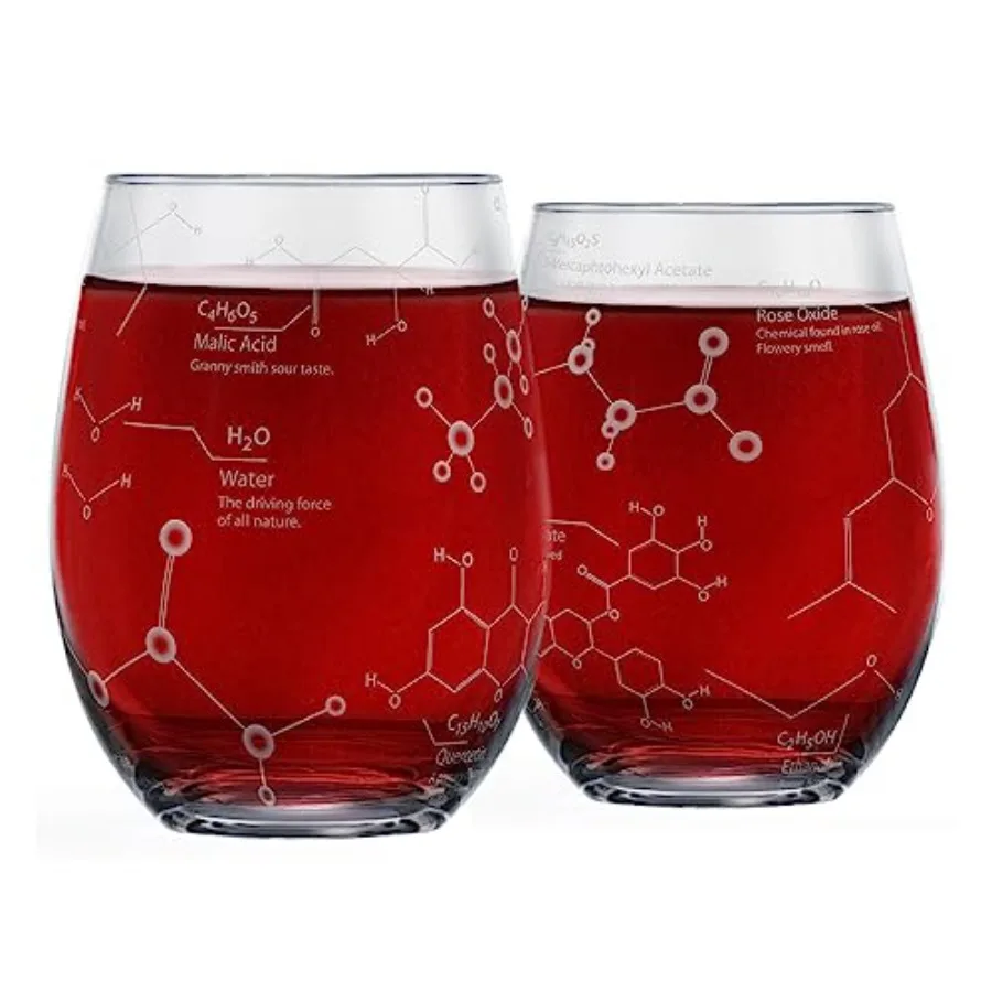 

Steml Wine Glasses - 15 oz Set Science of Wine Tumblers Set of 2 Etched with Wine Chemistry Molecules