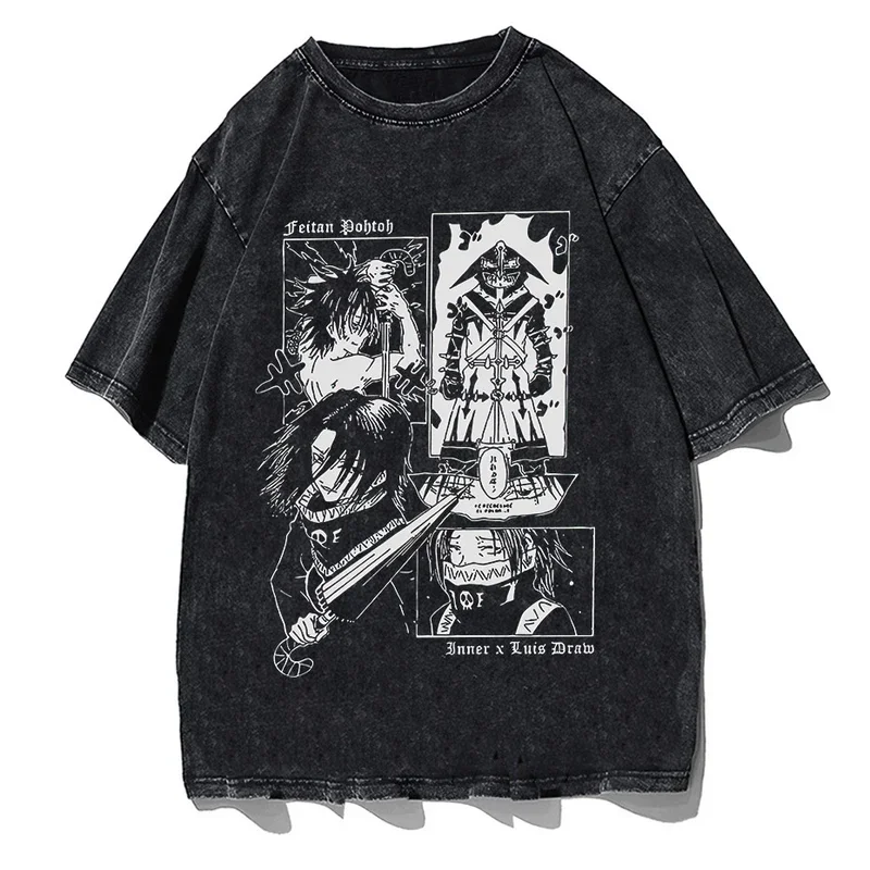 Feitan men T shirt anime fashion casual washed T shirt Harajuku vintage short sleeve oversized cotton men women o-neck T shirt