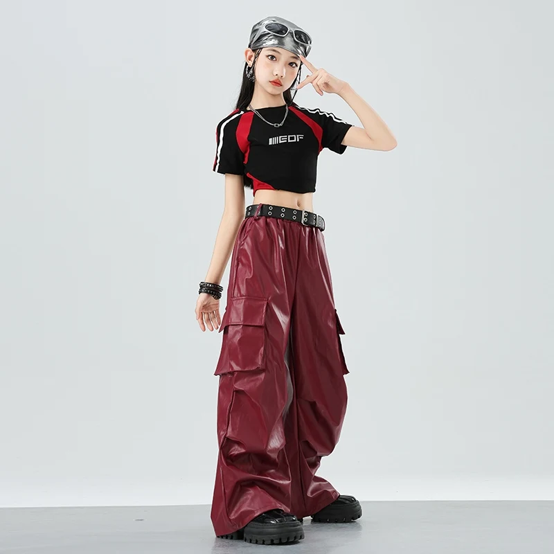 Kpop Ragazze Gruppi Abiti da ballo jazz Costumi Hip Hop Manica corta Crop Top Pantaloni in pelle rossa Vestito Street Dance Wear DQL10601