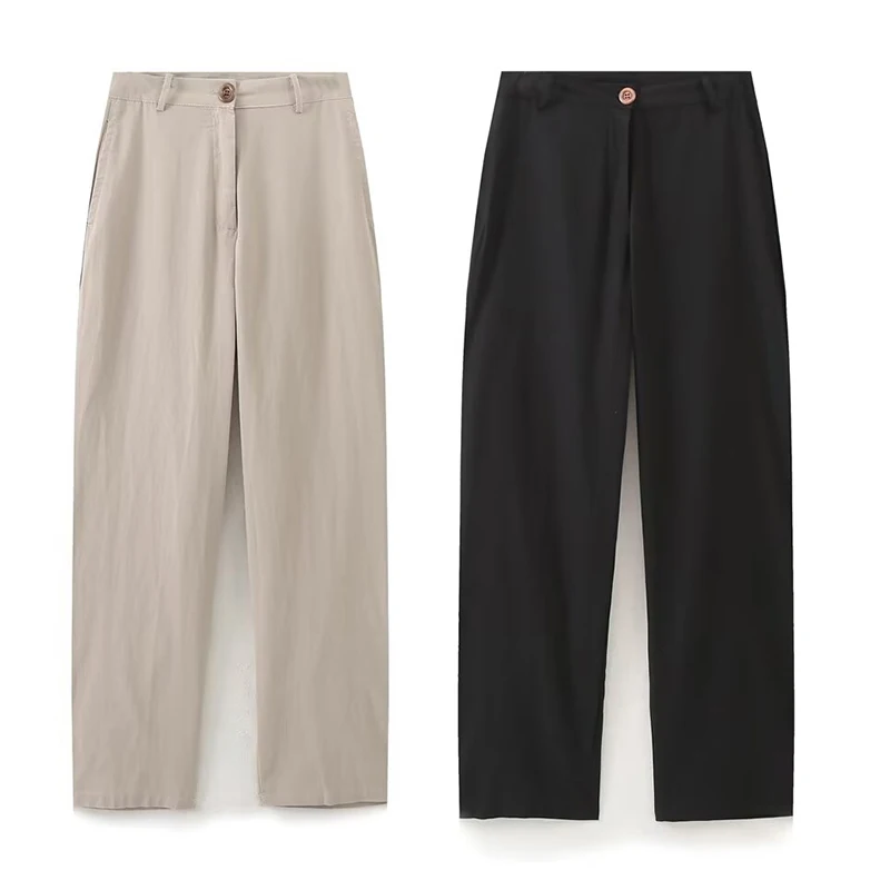 Linen Wide Leg Full Pants Casual Solid Loose Summer Women's Office Lady Pants Streetwear Simple Style Bottoms Black Khaki