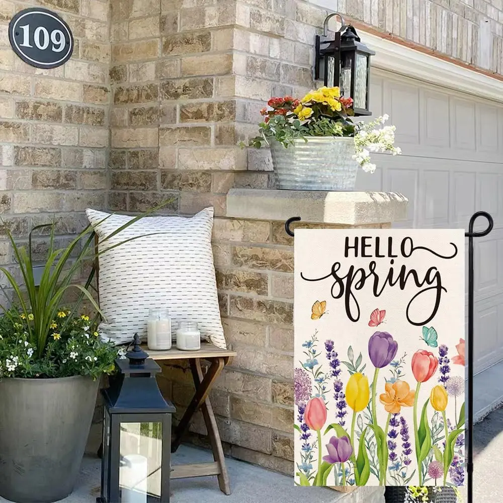 RABUSOFA Hello Spring Tulip Garden Flag for Outside 12x18 Inch Double Sided Farmhouse Seasonal Yard Flags Outdoor Butterfly Lave