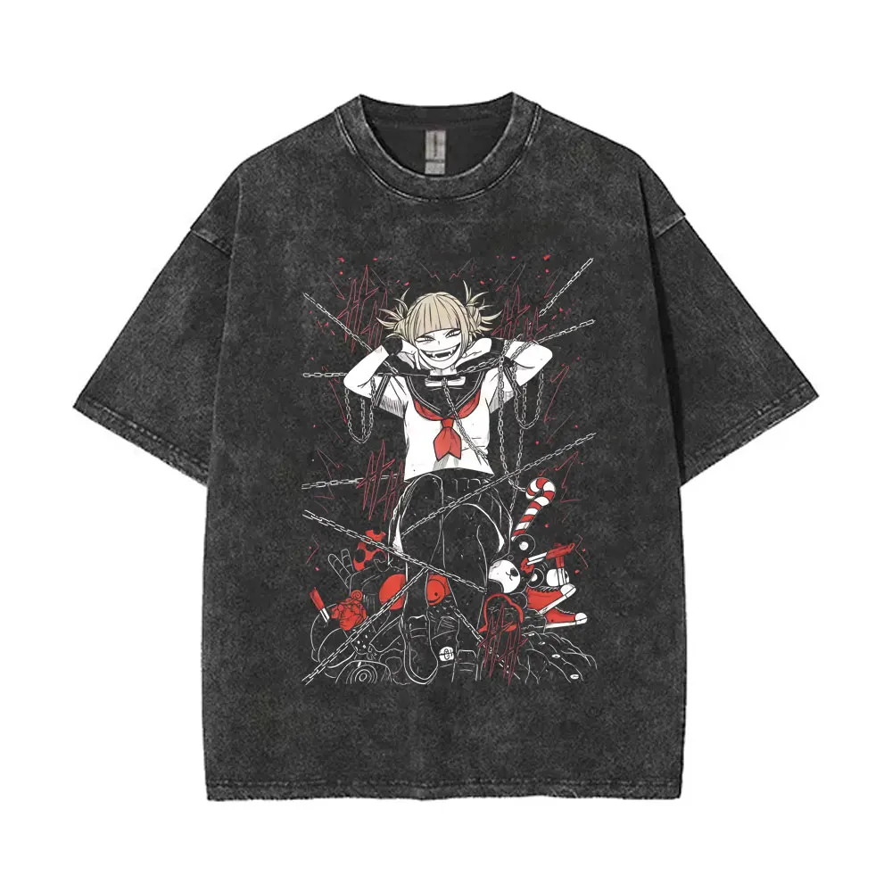 Washed Vintage Anime My Hero Academia T-shirt Sexy Cute Toga Himiko Merch T-shirts Men Women Casual Oversized T Shirt Streetwear