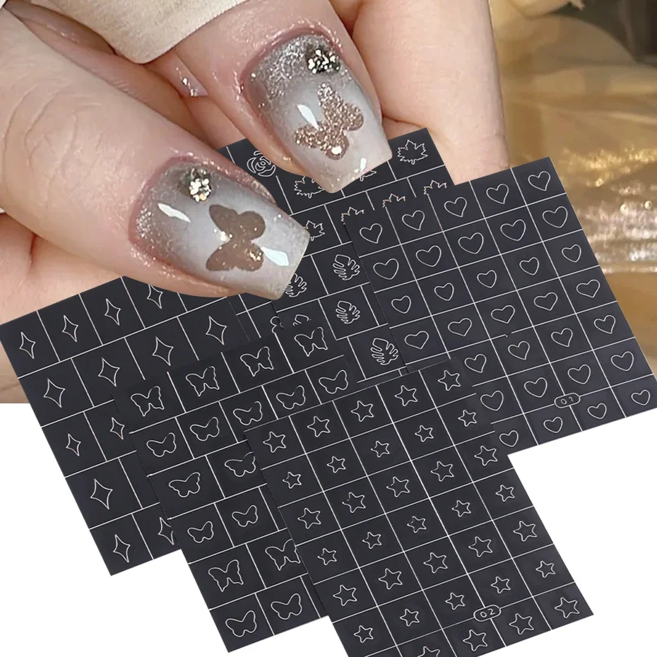 6 قطعة البخاخة الاستنسل ملصقات الأظافر القلب زهرة ورقة فراشة ستار ملصق مائي رذاذ طباعة نقل المتزلجون مانيكير الفن اكسسوارات