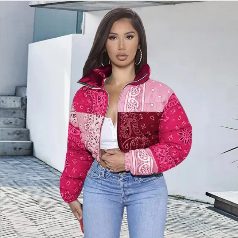 Y2k Casual Print Puffer Bandana Jacket Winter Coat for Women Warm Fashion Clothing Streetwear Crop Parka Puffer Bubble Coat