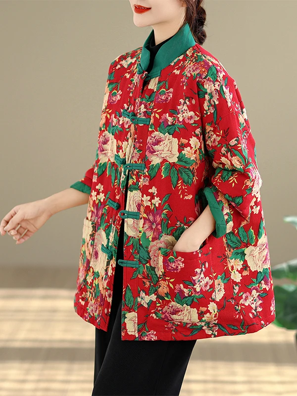 Thiened algodão jaet nacional sle floral impressão botão feminino inverno casaco de comprimento médio retro cor colion algodão casaco