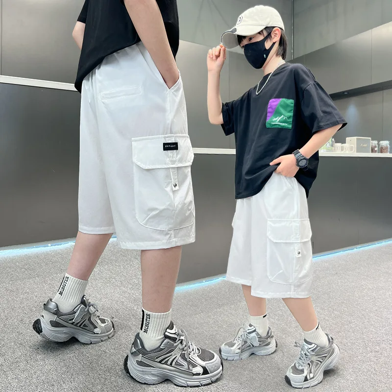 New Summer Teenage Short Boys Pants Big Pocket Trousers Cargo Shorts For Kids Children Birthday Present 5-14 Years Old