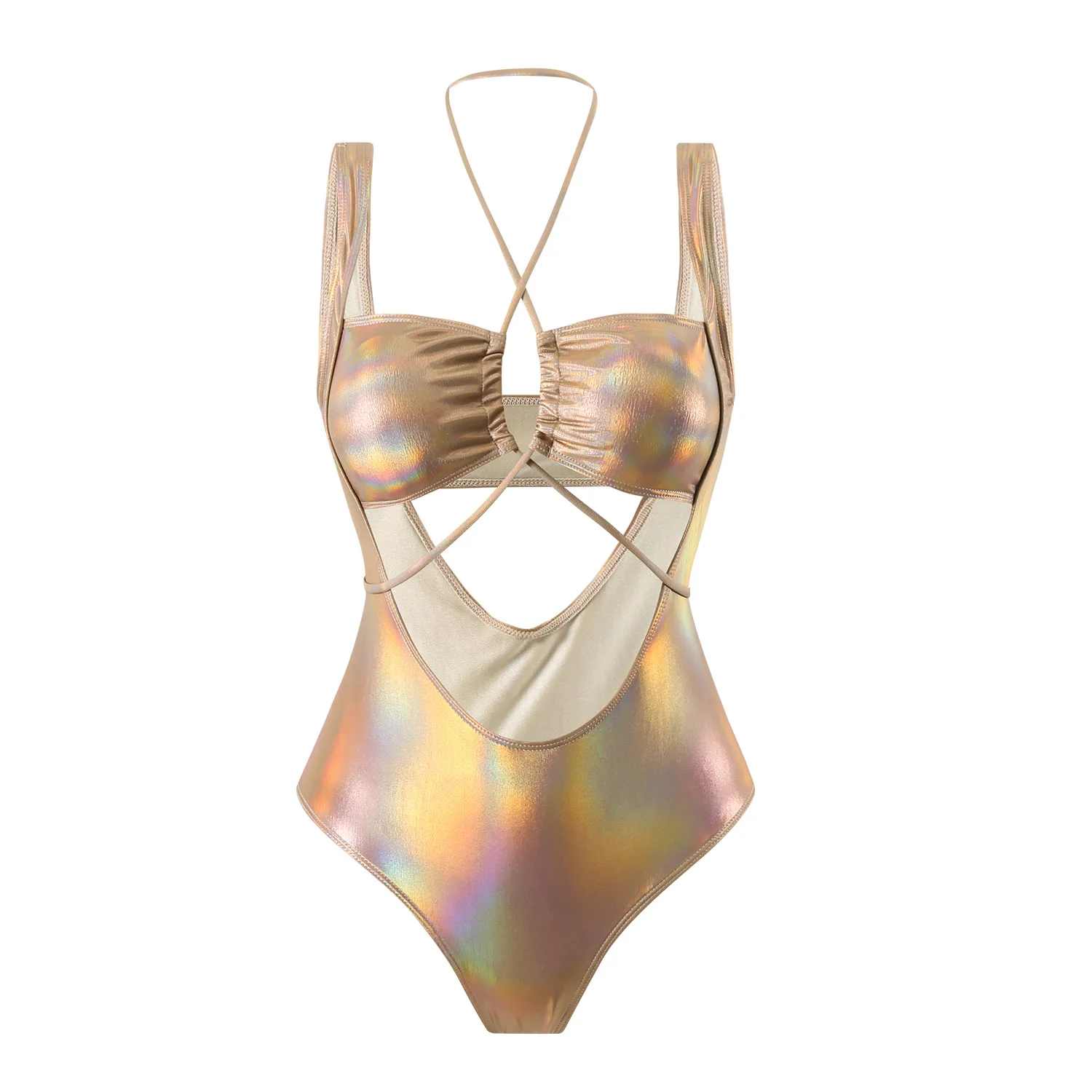 ใหม่เงา PU หนัง Faux Tummy ตัดผู้หญิงชุดว่ายน้ํา One Piece ชุดว่ายน้ําหญิง Halter Monokini Bather ชุดว่ายน้ําว่ายน้ํา