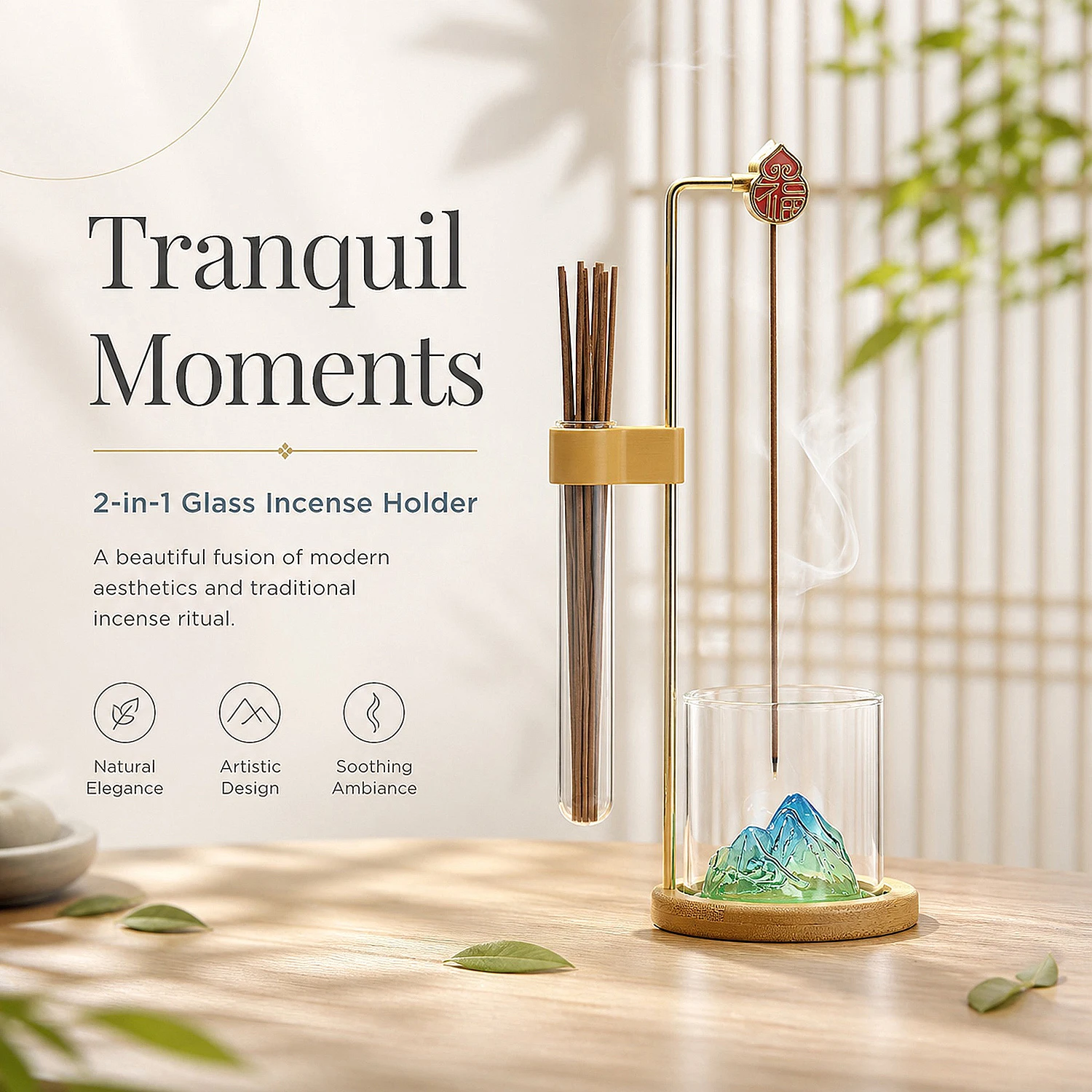 2 in 1 Glass Incense Holder Anti-Ash Flying Incense Burner Mountain Incense Stick Holder with Ash catcher for Yoga Meditation