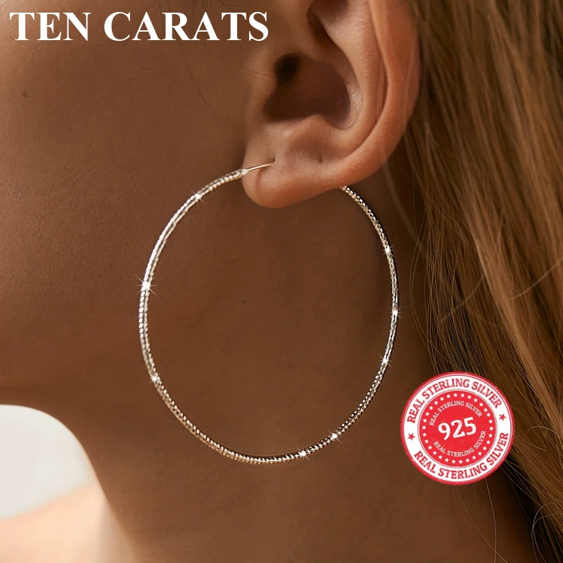 

TEN CARATS Moissanite 925 Sterling Silver Large Hoop Earrings, Classic Big Circle Hoops for Women, Trendy Minimalist Jewelry