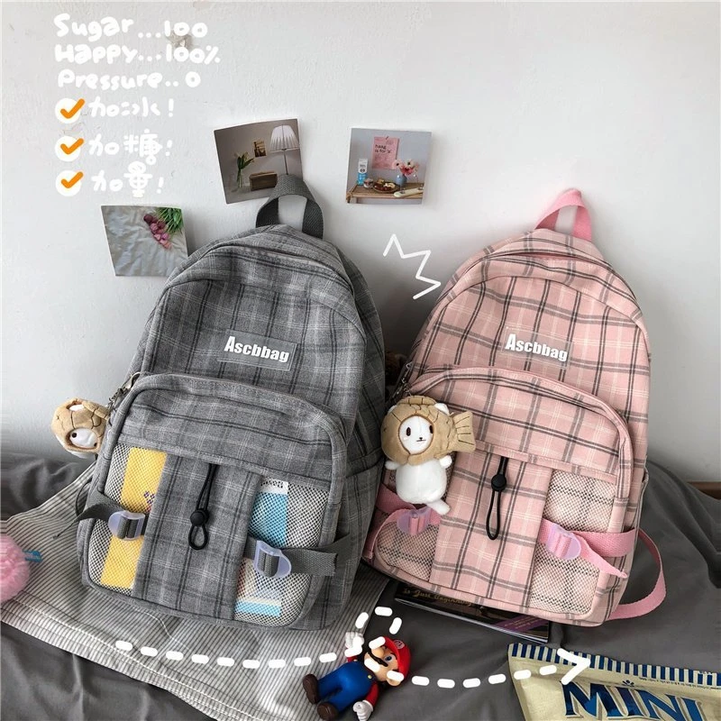 Ladies Lattice College Backpack Girl Cute Travel Student Bag Kawaii Female Men Boy Laptop Backpack Trendy Women School Plaid Bag