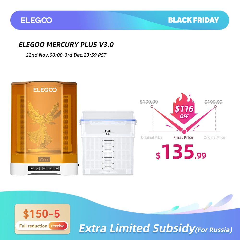 ELEGOO MERCURY PLUS V3.0 Wash and Cure 2 in 1 Machine with Larger Capacity Compatible with Most LCD/DLP/SLA 3D Printers