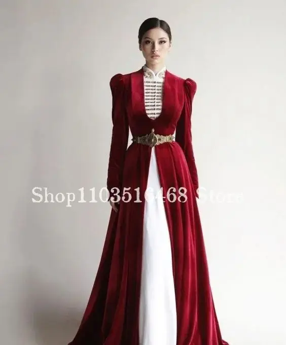 Luxury Velvet Muslim Evening Dresses Red White High Neck Long Sleeve Special Ethnic Bridal Dresses Dresses for special events